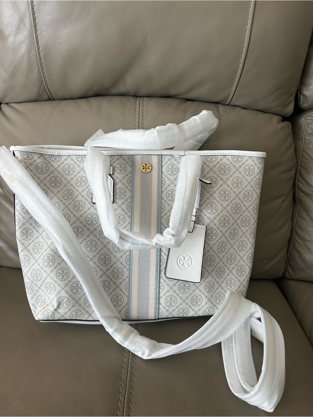 Tory Burch White Tote with Light Blue Stripe and Logo Print